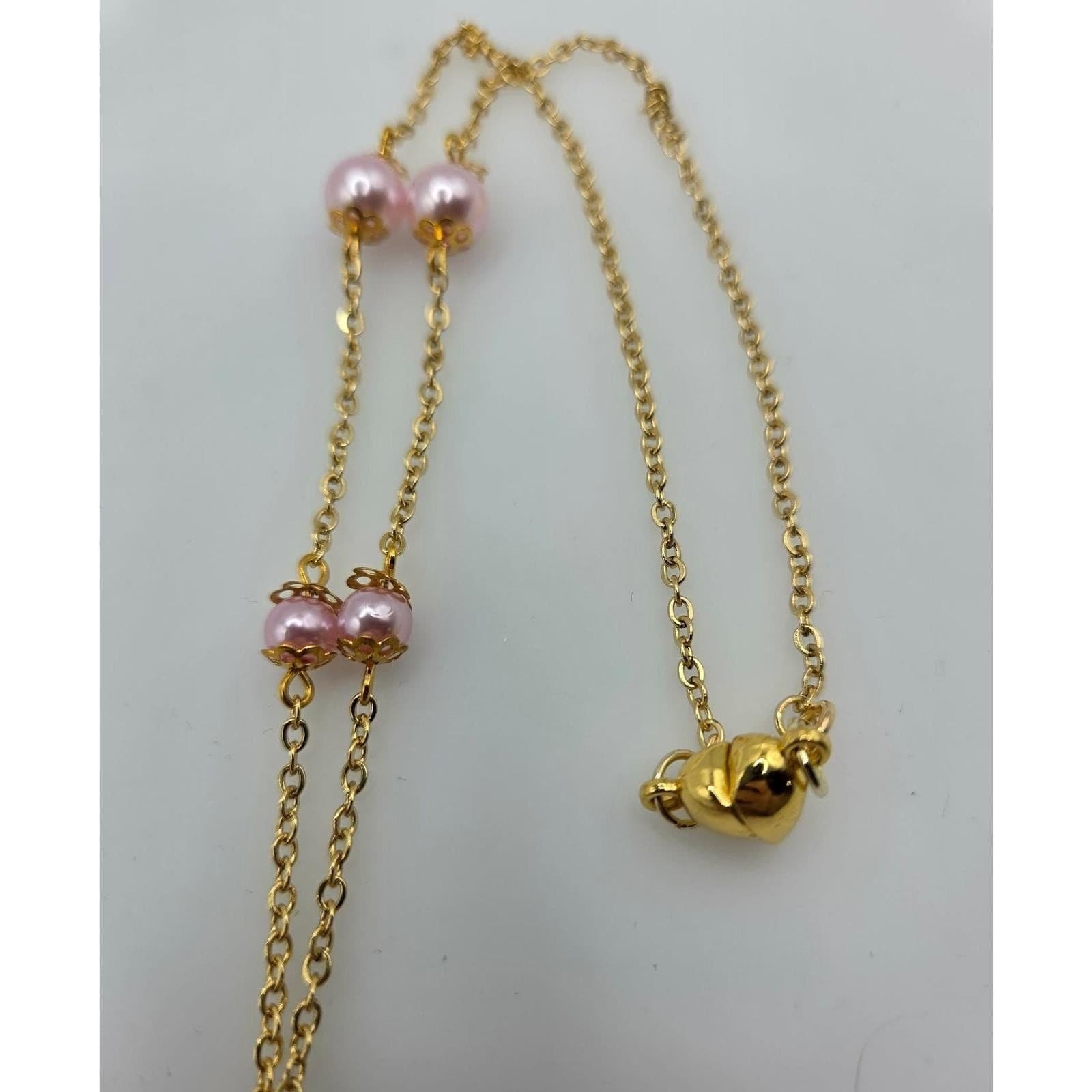 Handmade Y-Necklace Faux Pearl Pink Rose Magnetic Heart Closure Gold Tone - Thumbnail 7