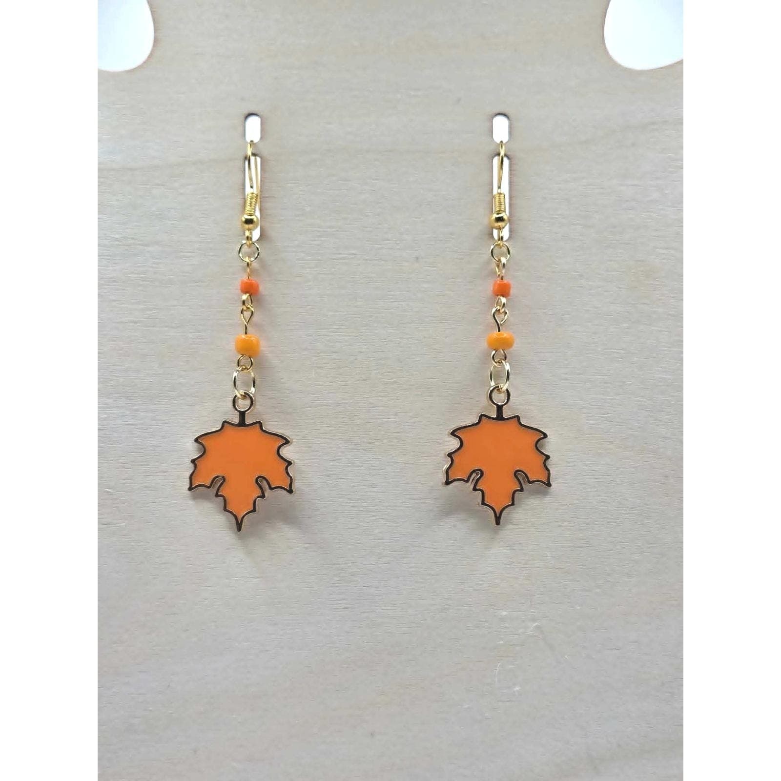 Handmade Earrings Orange Leaf Autumn Fall Drop Dangle Beaded Gold Tone - Thumbnail 2