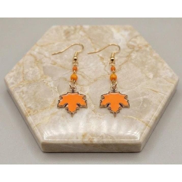 Handmade Earrings Orange Leaf Autumn Fall Drop Dangle Beaded Gold Tone