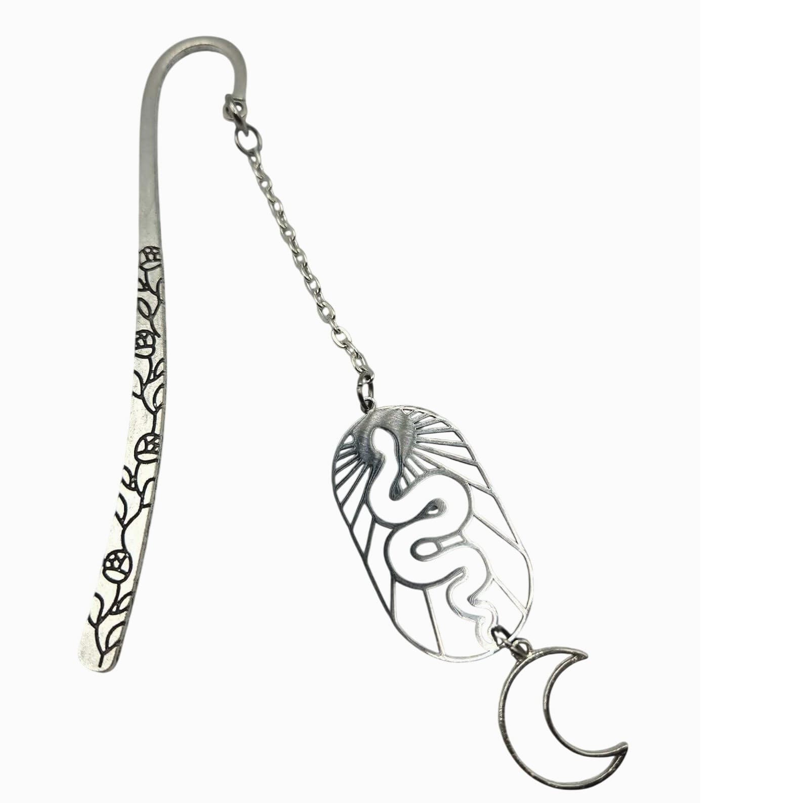 Handmade Bookmark Silver Snake Moon Rose Engraved Celestial Gothic Accessory - Thumbnail 5
