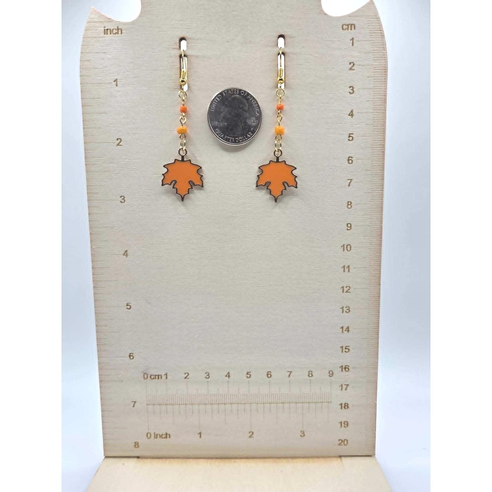 Handmade Earrings Orange Leaf Autumn Fall Drop Dangle Beaded Gold Tone - Thumbnail 4