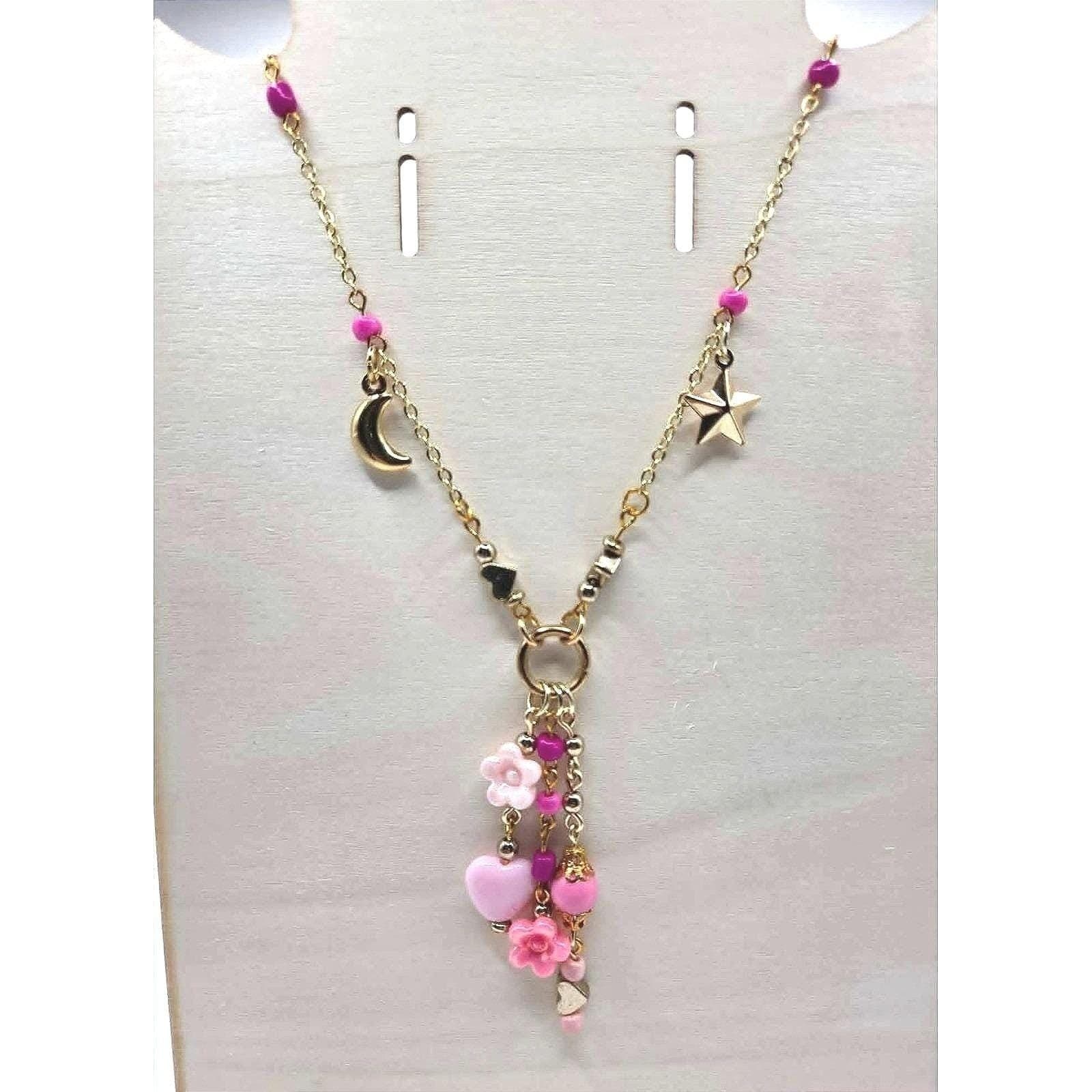 Handmade Necklace Gold Toned Stainless Steel Pink Floral Heart Y-Shape 21" - Thumbnail 2