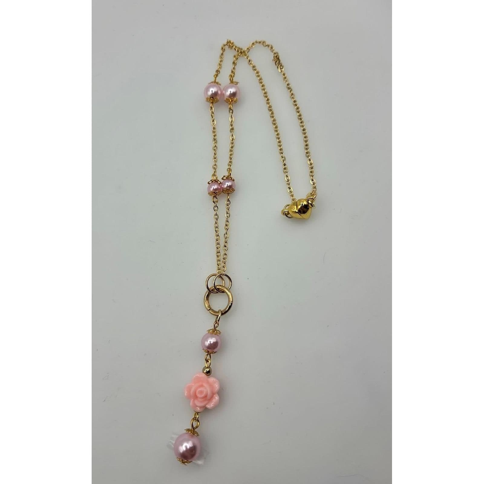 Handmade Y-Necklace Faux Pearl Pink Rose Magnetic Heart Closure Gold Tone - Thumbnail 5