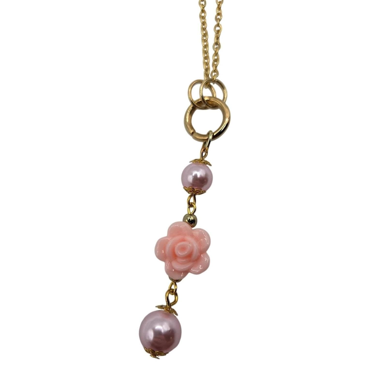 Handmade Y-Necklace Faux Pearl Pink Rose Magnetic Heart Closure Gold Tone - Thumbnail 10