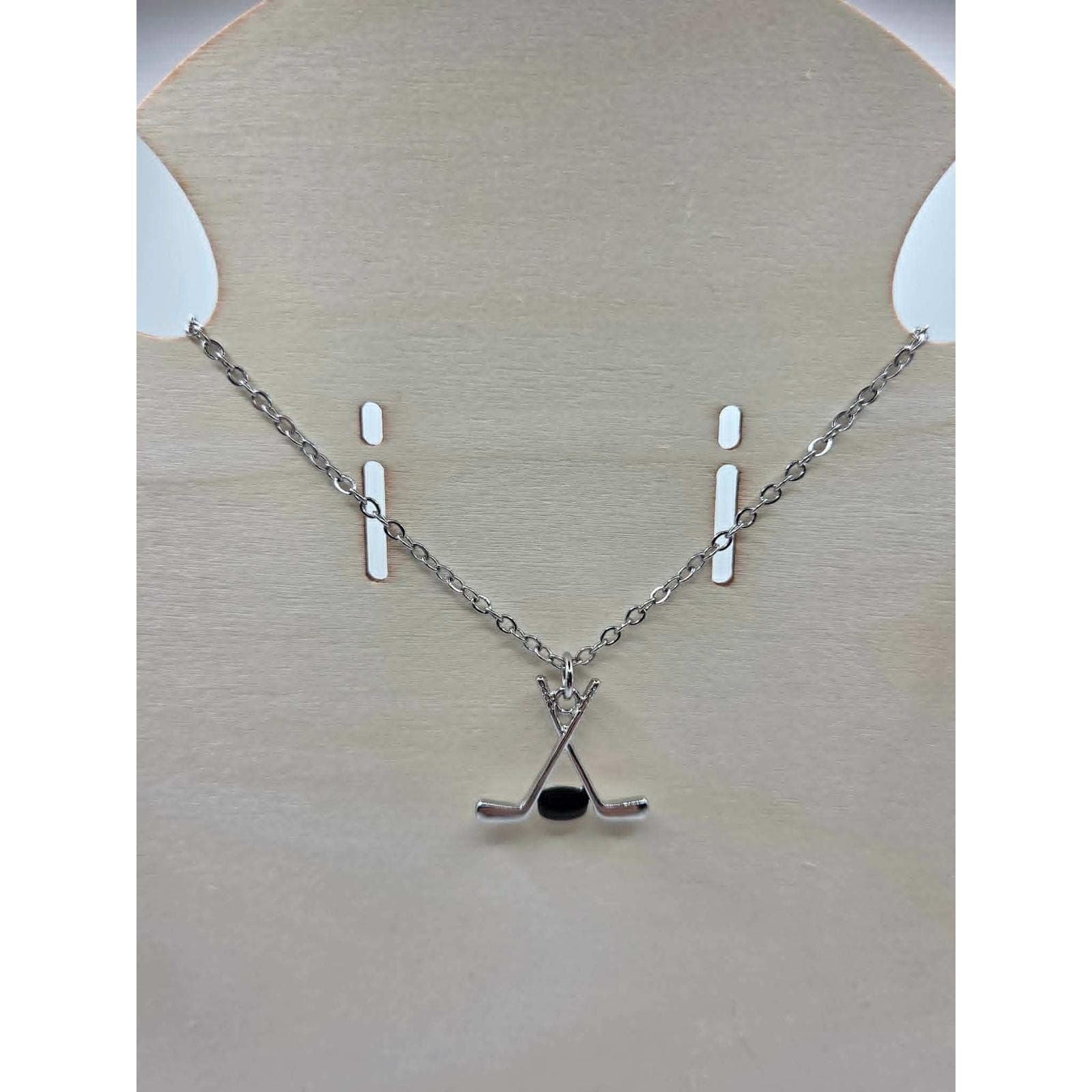 Handmade Necklace Stainless Steel Crossed Hockey Sticks Puck Pendant 24" - Thumbnail 3