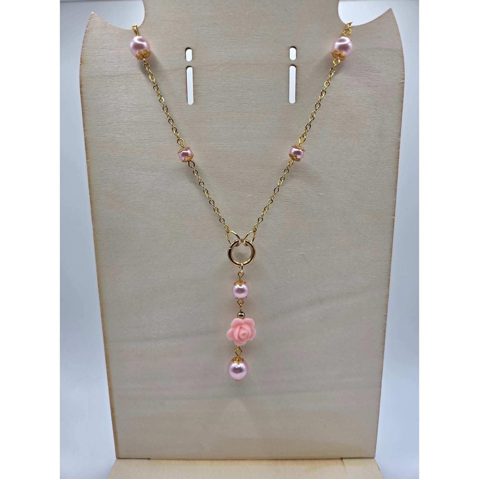 Handmade Y-Necklace Faux Pearl Pink Rose Magnetic Heart Closure Gold Tone - Thumbnail 3