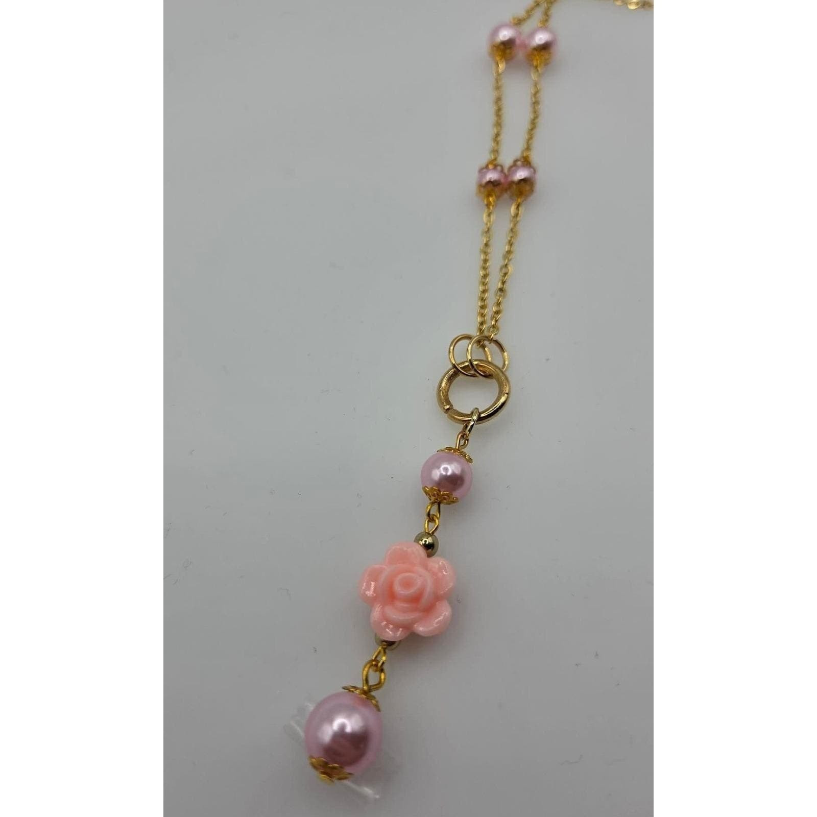 Handmade Y-Necklace Faux Pearl Pink Rose Magnetic Heart Closure Gold Tone - Thumbnail 4