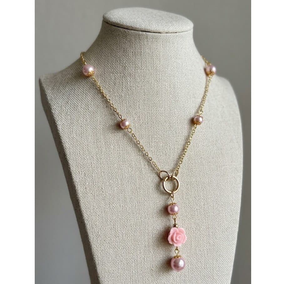 Handmade Y-Necklace Faux Pearl Pink Rose Magnetic Heart Closure Gold Tone - Thumbnail 2