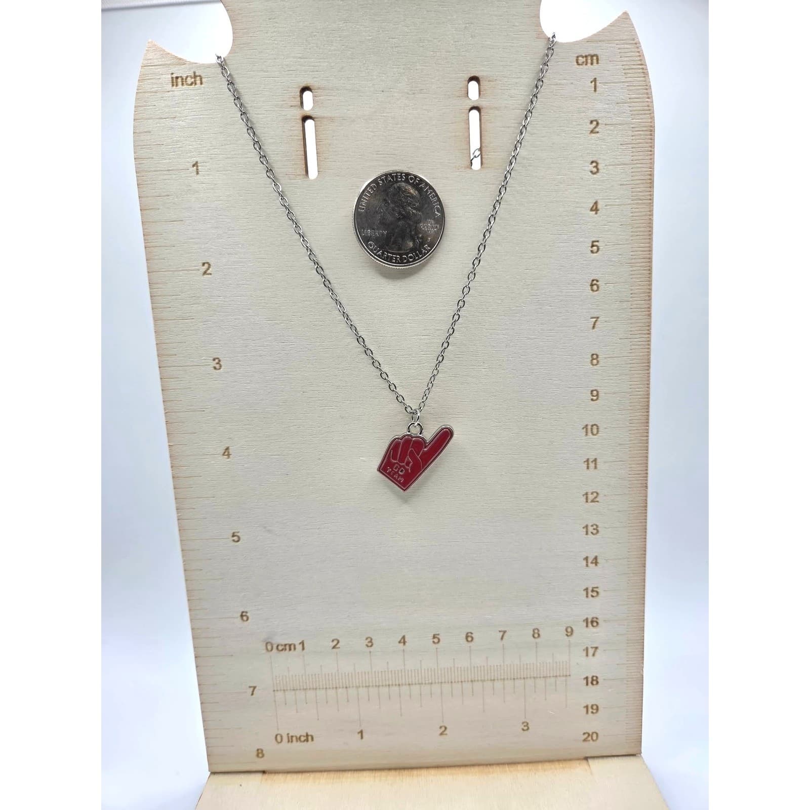 Handmade Necklace Red Go Team Foam Finger Charm Stainless Steel 25" Silver Tone - Thumbnail 3