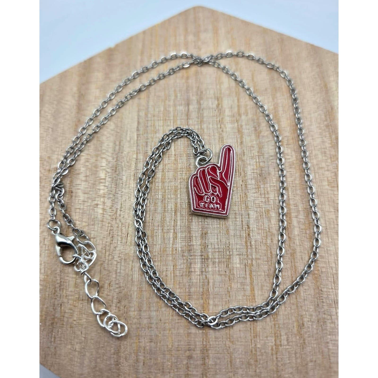 Handmade Necklace Red Go Team Foam Finger Charm Stainless Steel 25" Silver Tone - Thumbnail 6