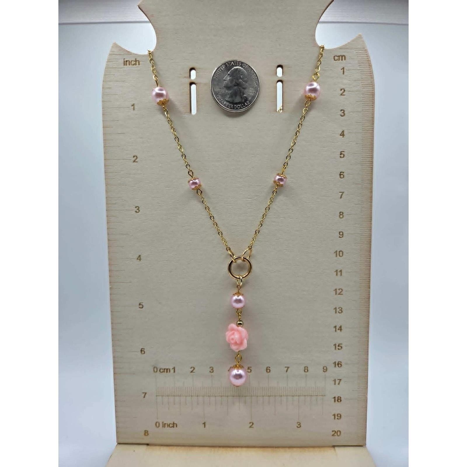 Handmade Y-Necklace Faux Pearl Pink Rose Magnetic Heart Closure Gold Tone - Thumbnail 6