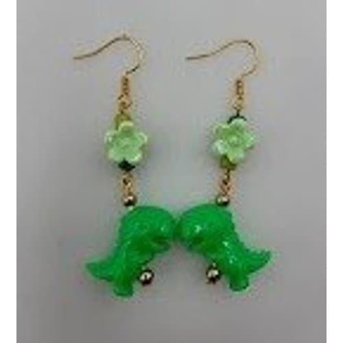 Handmade Earrings Green Dinosaur Floral Mismatch Gold Toned Fish Hook # - Thumbnail 4