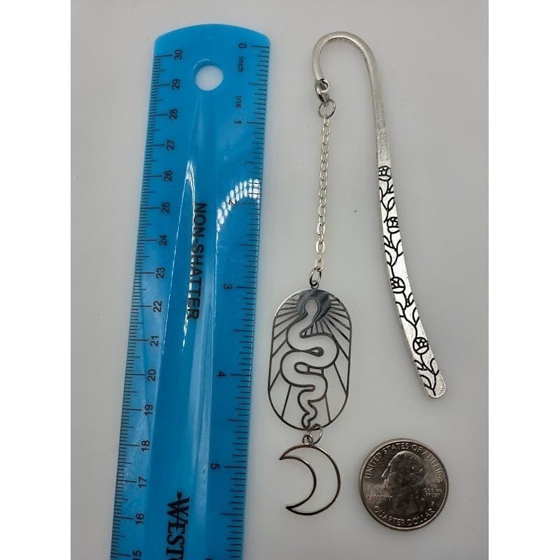 Handmade Bookmark Silver Toned Rose Engraved Snake Moon Dangle Celestial - Thumbnail 3