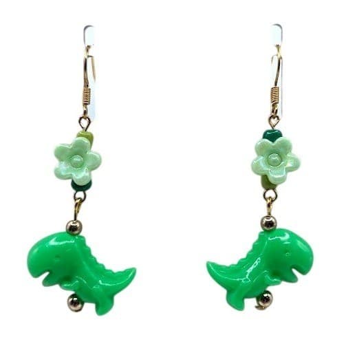 Handmade Earrings Green Dinosaur Floral Mismatch Gold Toned Fish Hook # - Thumbnail 3