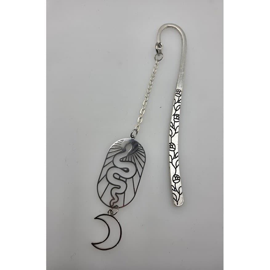Handmade Bookmark Silver Toned Rose Engraved Snake Moon Dangle Celestial - Thumbnail 4