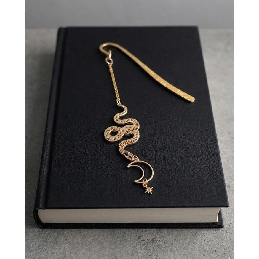 Handmade Bookmark Gold Rose Engraved Snake Lunar Moon Star Charm 6.5" - Thumbnail 2