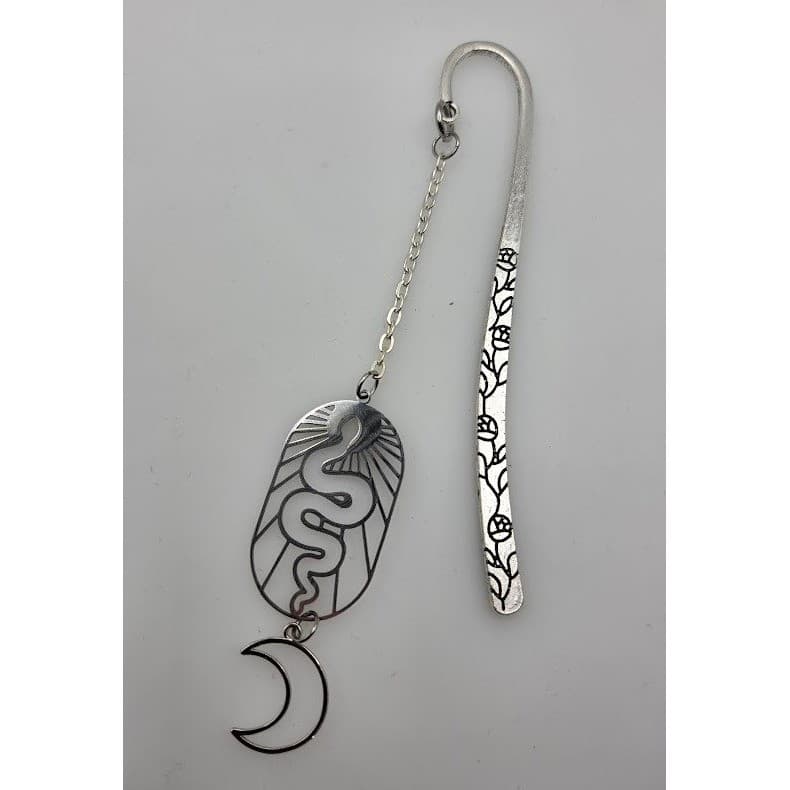 Handmade Bookmark Silver Toned Rose Engraved Snake Moon Dangle Celestial - Thumbnail 2