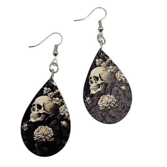 Handmade Earrings Goth Skull Floral Silver Toned Drop Dangle Teardrop - Thumbnail 2