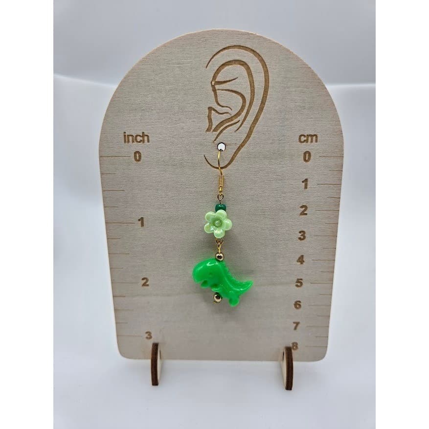 Handmade Earrings Green Dinosaur Floral Mismatch Gold Toned Fish Hook # - Thumbnail 2