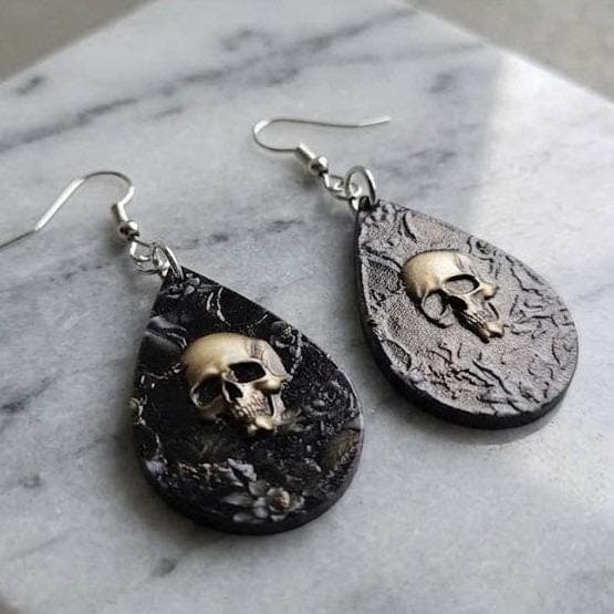 Handmade Earrings Skull Gray Floral Textured Silver Tone Dangle Teardrop