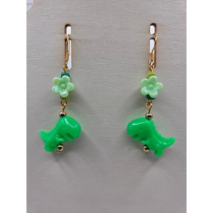 Handmade Earrings Green Dinosaur Floral Mismatch Gold Toned Fish Hook # - Thumbnail 5