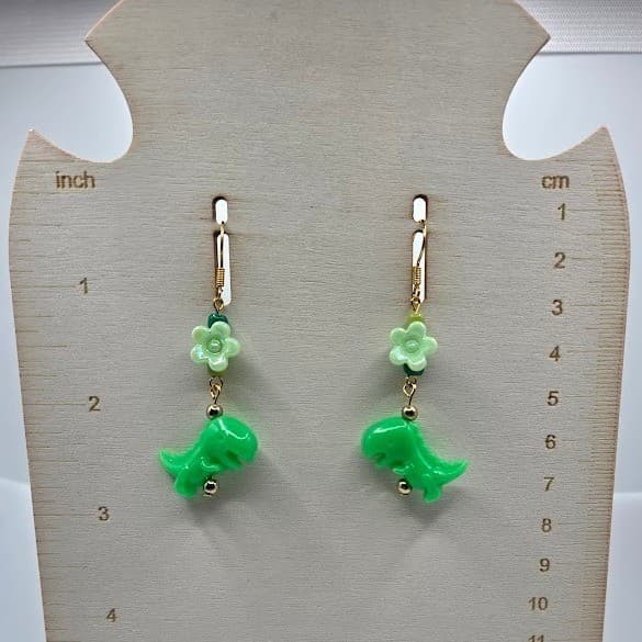 Handmade Earrings Green Dinosaur Floral Mismatch Gold Toned Fish Hook # - Thumbnail 6