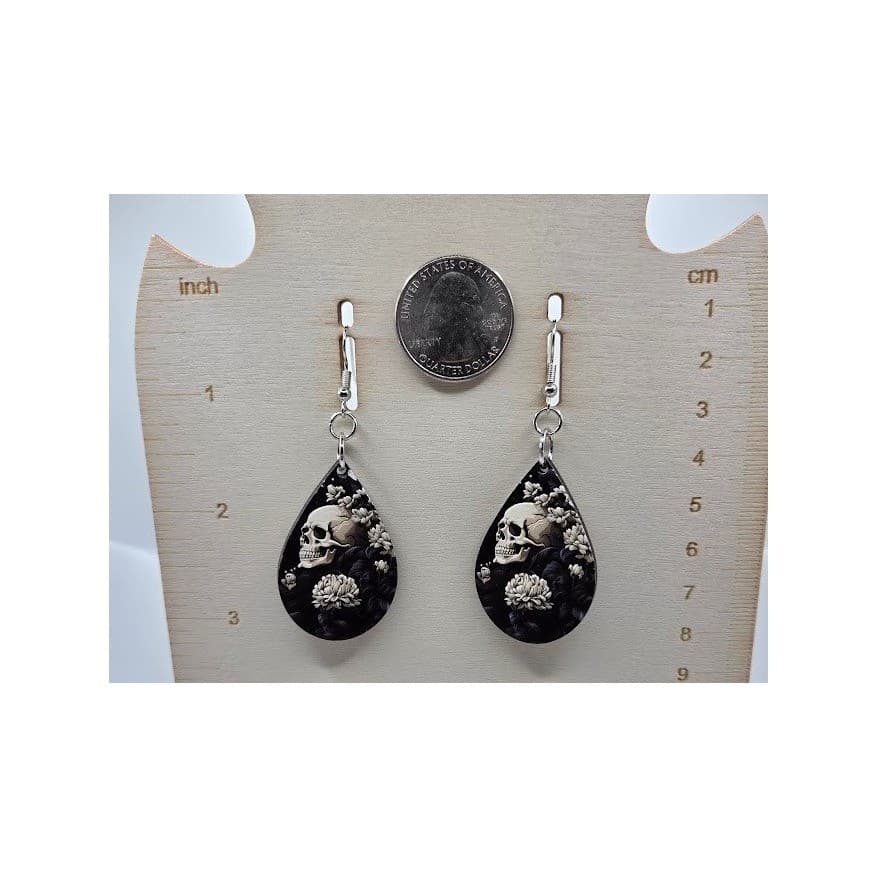 Handmade Earrings Goth Skull Floral Silver Toned Drop Dangle Teardrop - Thumbnail 5
