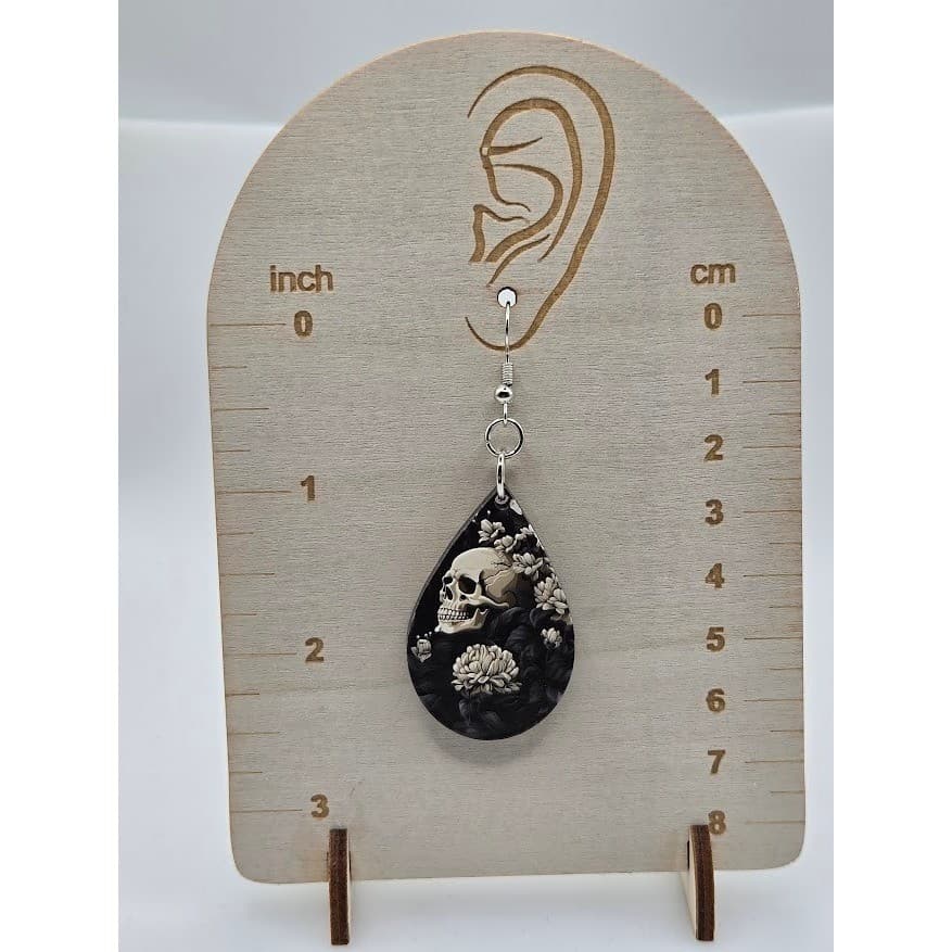 Handmade Earrings Goth Skull Floral Silver Toned Drop Dangle Teardrop - Thumbnail 3