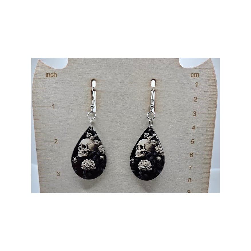 Handmade Earrings Goth Skull Floral Silver Toned Drop Dangle Teardrop - Thumbnail 4