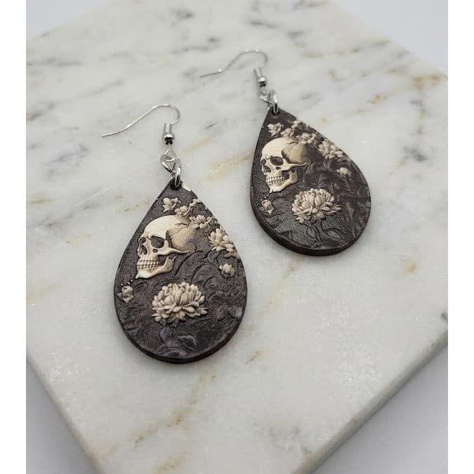 Handmade Earrings Goth Skull Floral Silver Toned Drop Dangle Teardrop