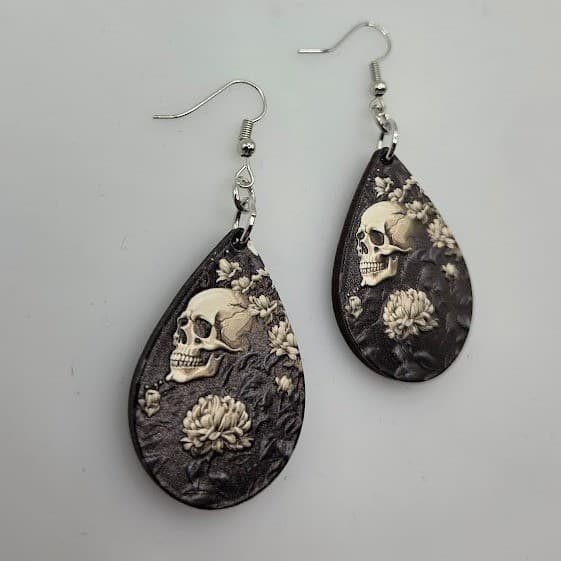 Handmade Earrings Goth Skull Floral Silver Toned Drop Dangle Teardrop - Thumbnail 6