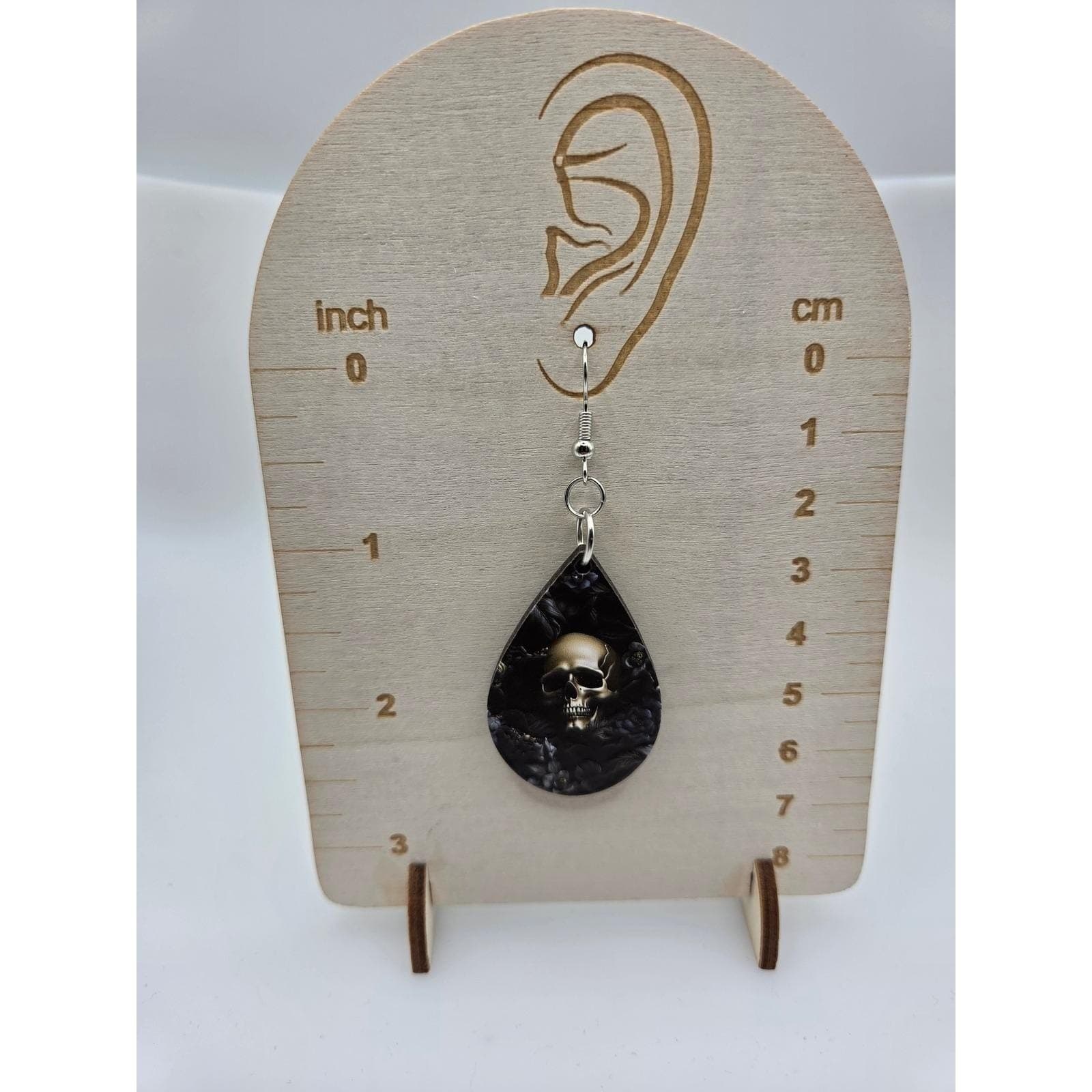 Handmade Earrings Skull Gray Floral Textured Silver Tone Dangle Teardrop - Thumbnail 3