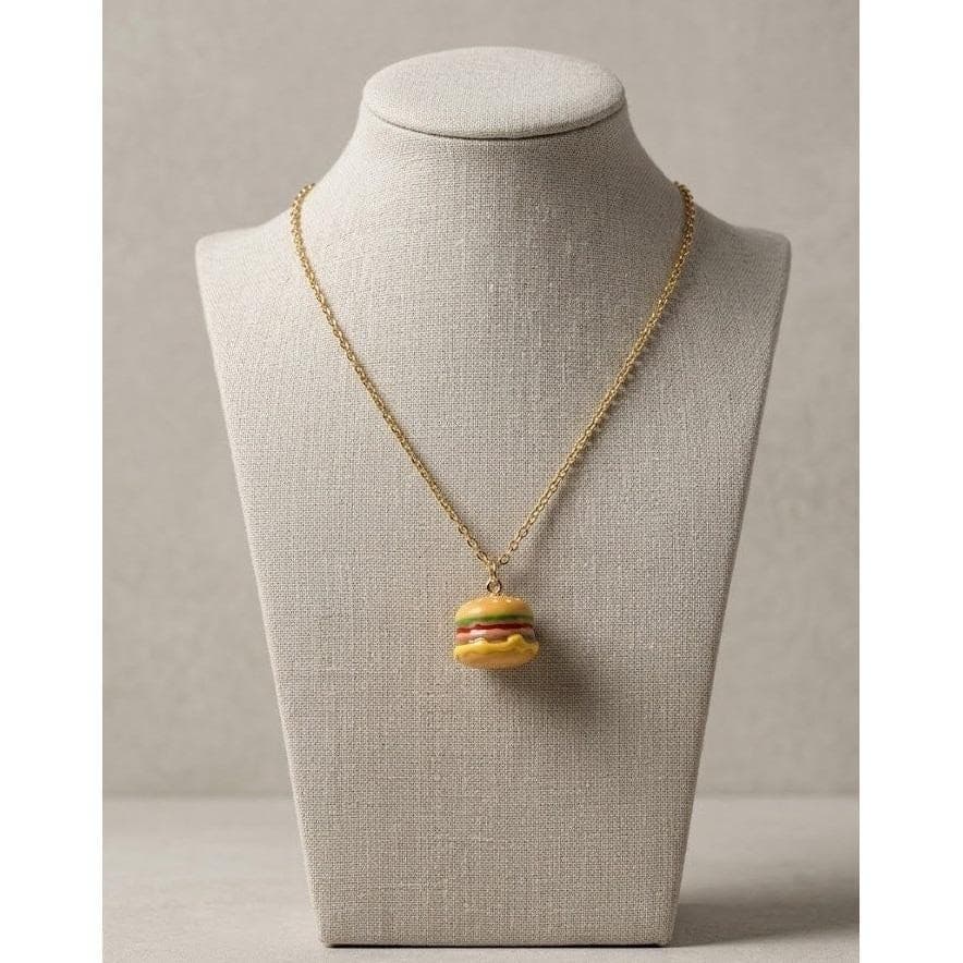 Burger Necklace Gold Toned Stainless Steel 24" Hamburger Pendant - Thumbnail 3