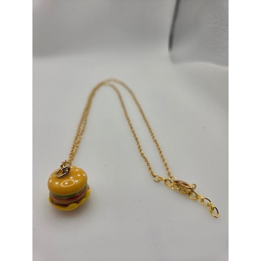 Burger Necklace Gold Toned Stainless Steel 24" Hamburger Pendant - Thumbnail 5