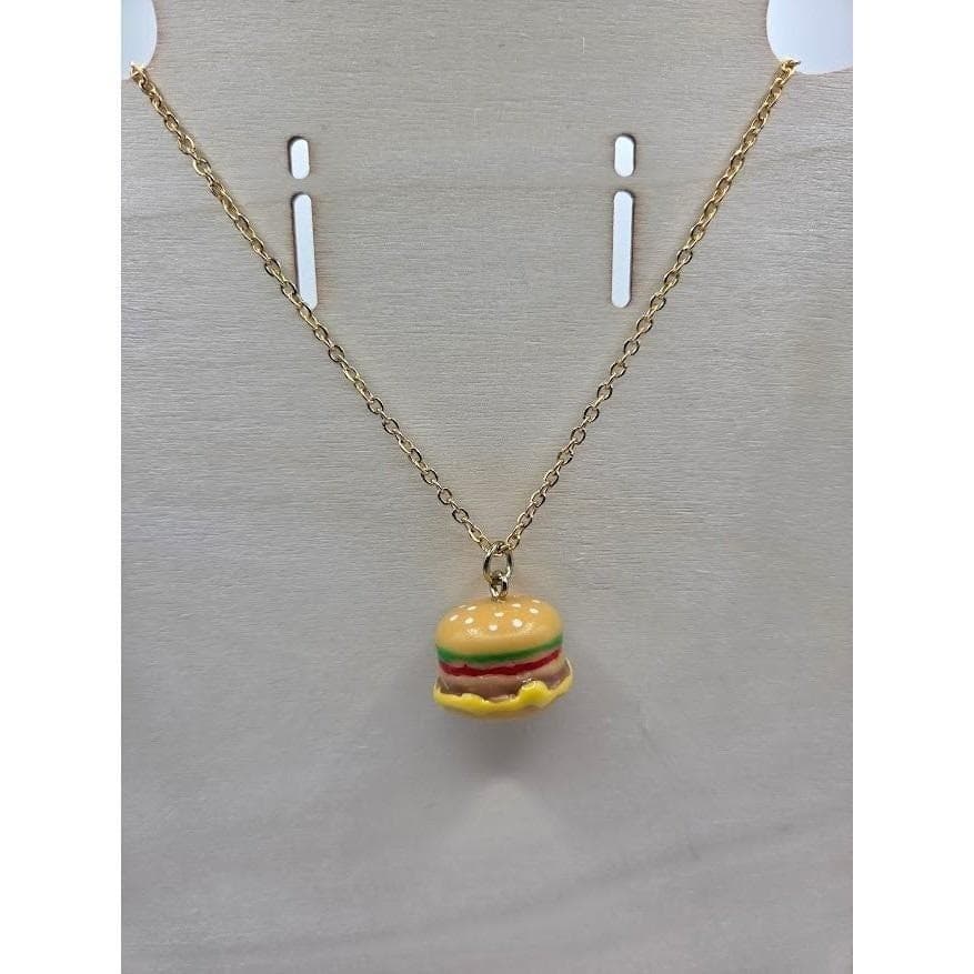 Burger Necklace Gold Toned Stainless Steel 24" Hamburger Pendant - Thumbnail 2