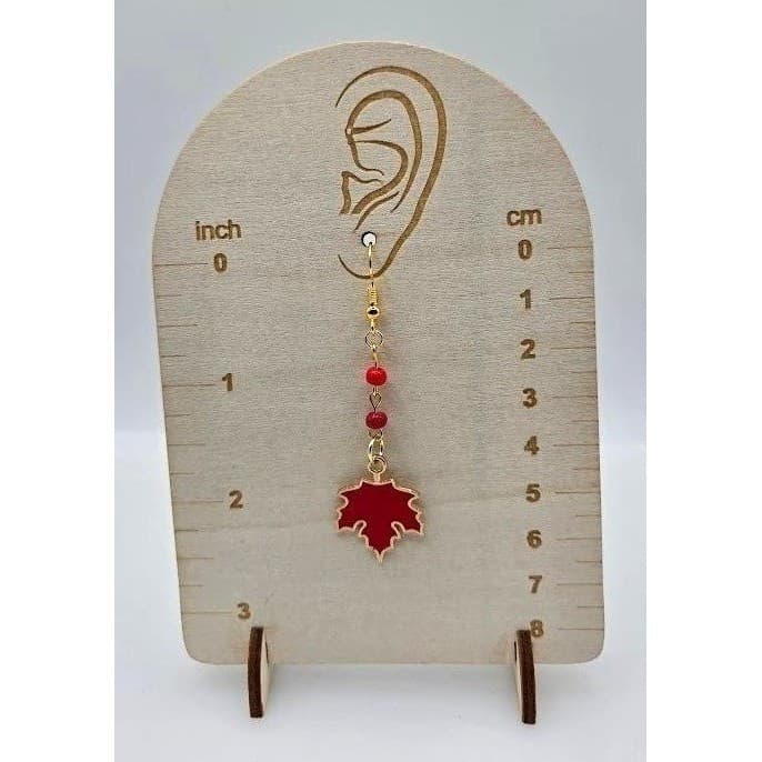 Handmade Earrings Gold Toned Red Leaf Enamel Hand Beaded Dangle Fall Theme - Thumbnail 4