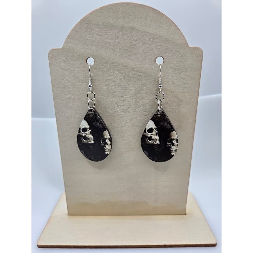 Handmade Earrings Double Skull Goth Dark Teardrop Dangle Silver Tone Stainless - Thumbnail 3