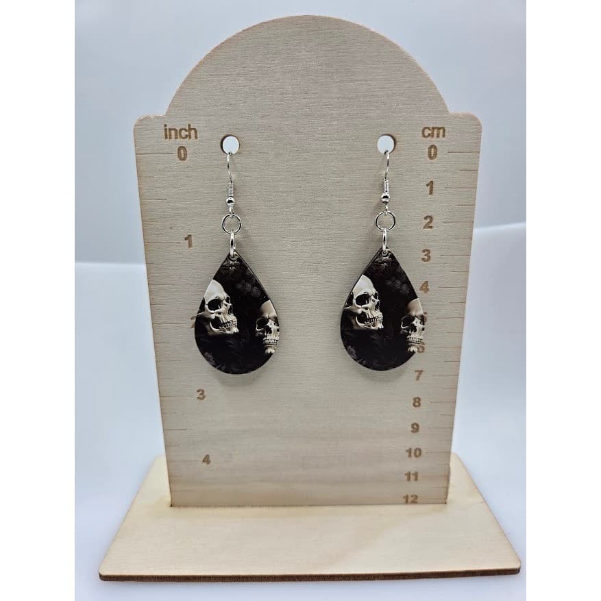 Handmade Earrings Double Skull Goth Dark Teardrop Dangle Silver Tone Stainless - Thumbnail 5