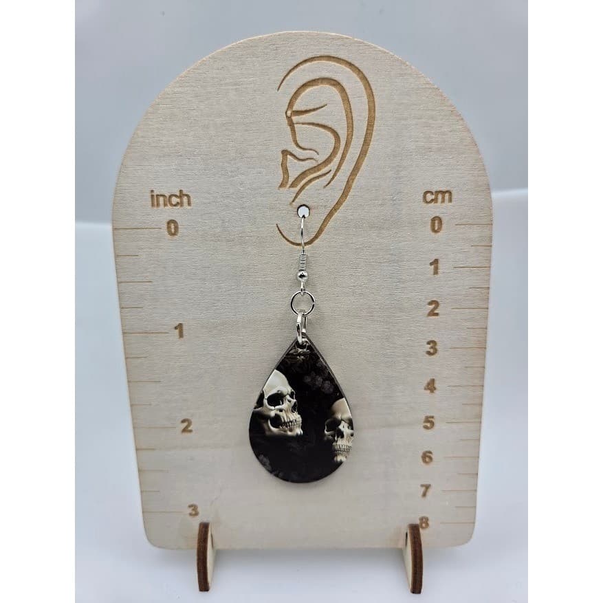 Handmade Earrings Double Skull Goth Dark Teardrop Dangle Silver Tone Stainless - Thumbnail 2