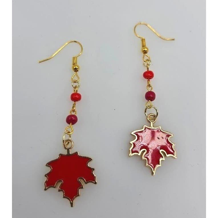 Handmade Earrings Gold Toned Red Leaf Enamel Hand Beaded Dangle Fall Theme - Thumbnail 2