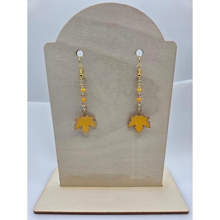Handmade Drop Earrings Yellow Leaf Hand Beaded Chain Fall Theme Gold Toned - Thumbnail 4