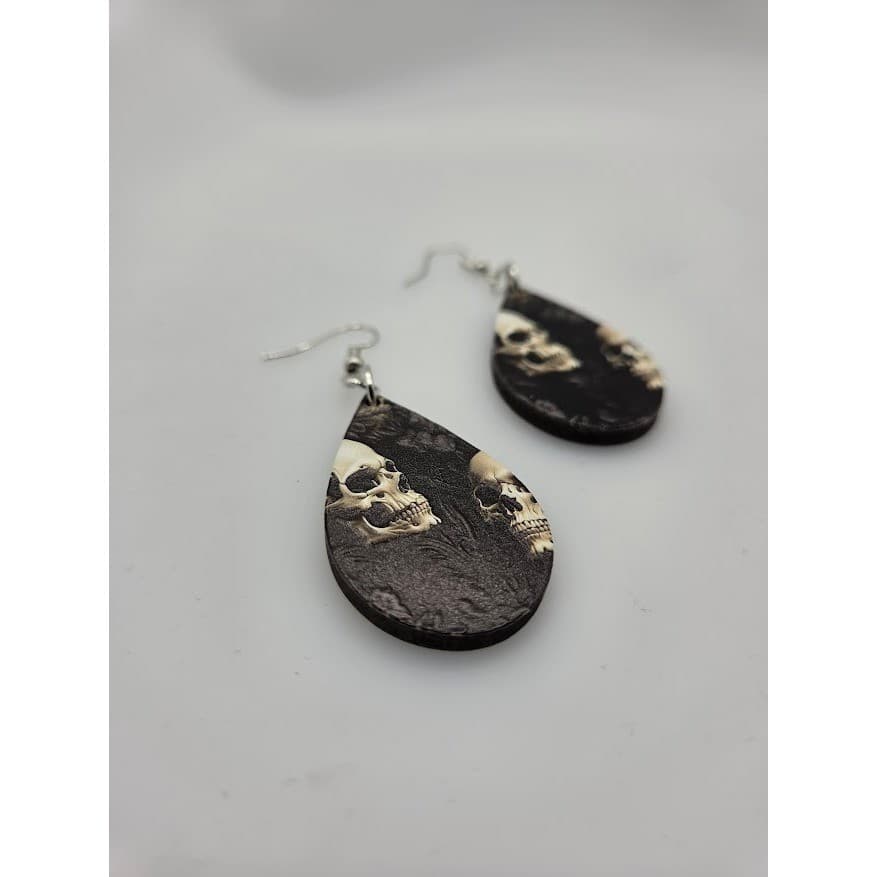 Handmade Earrings Double Skull Goth Dark Teardrop Dangle Silver Tone Stainless - Thumbnail 4