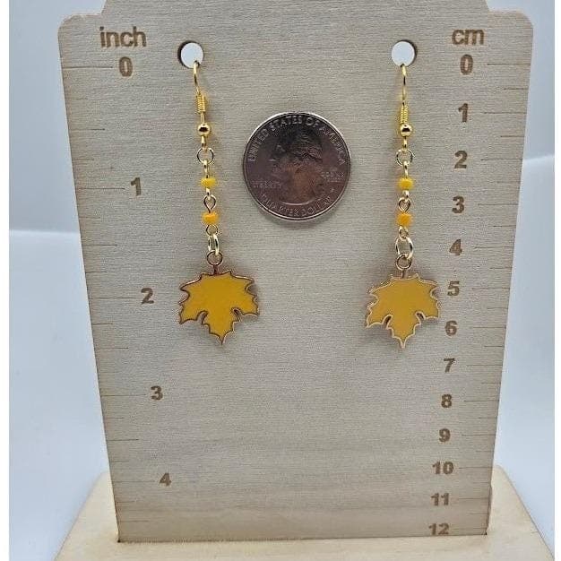 Handmade Drop Earrings Yellow Leaf Hand Beaded Chain Fall Theme Gold Toned - Thumbnail 5