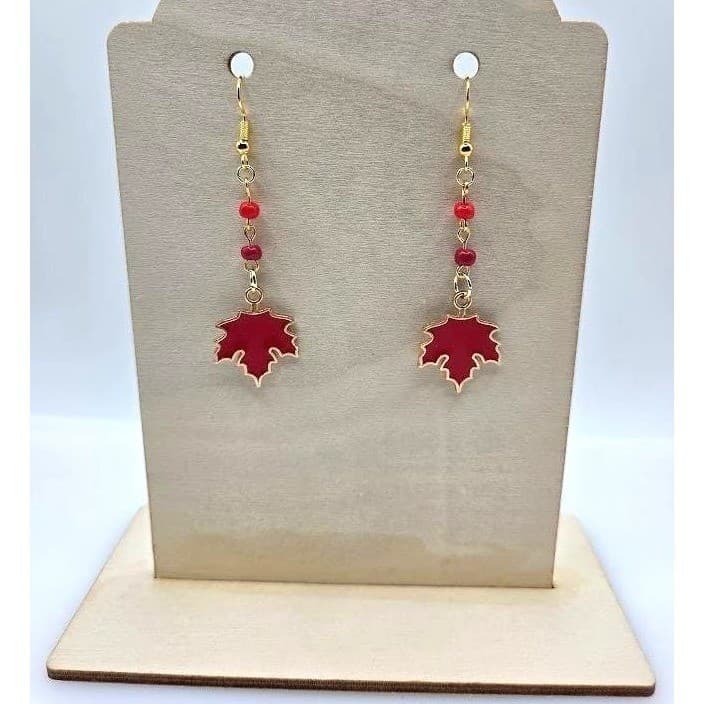 Handmade Earrings Gold Toned Red Leaf Enamel Hand Beaded Dangle Fall Theme - Thumbnail 3