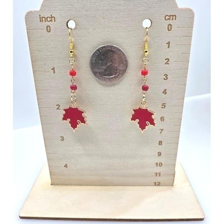 Handmade Earrings Gold Toned Red Leaf Enamel Hand Beaded Dangle Fall Theme - Thumbnail 5