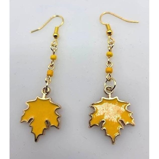 Handmade Drop Earrings Yellow Leaf Hand Beaded Chain Fall Theme Gold Toned - Thumbnail 2
