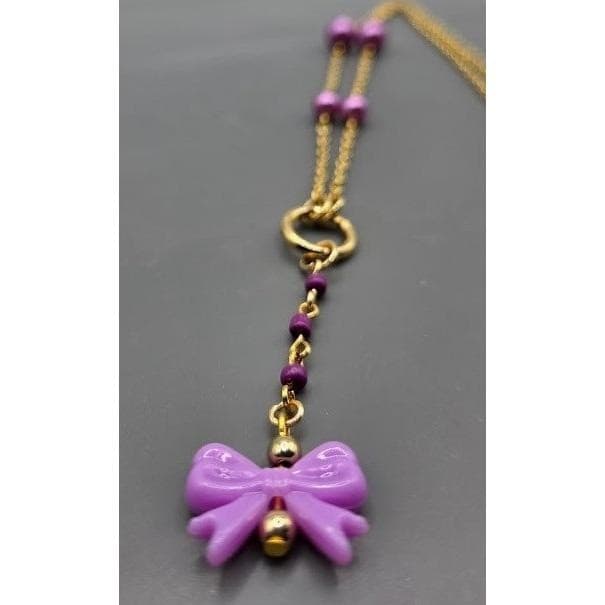 Handmade Necklace Gold Toned Purple Faux Pearl Bow Lariat Heart Y-Shape - Thumbnail 2