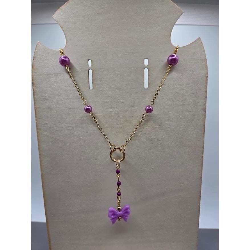 Handmade Necklace Gold Toned Purple Faux Pearl Bow Lariat Heart Y-Shape - Thumbnail 3