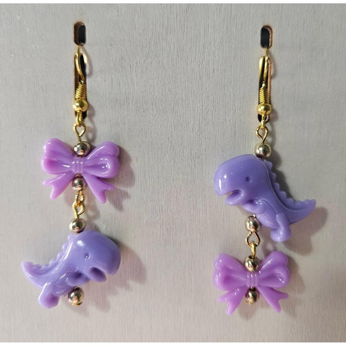Purple Dinosaur Bow Dangle Earrings Kawaii Cute Handmade Jewelry Mismatch - Thumbnail 2
