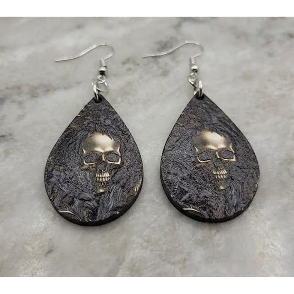Handmade Earrings Skull Textured Glossy Dark Goth Teardrop Dangle